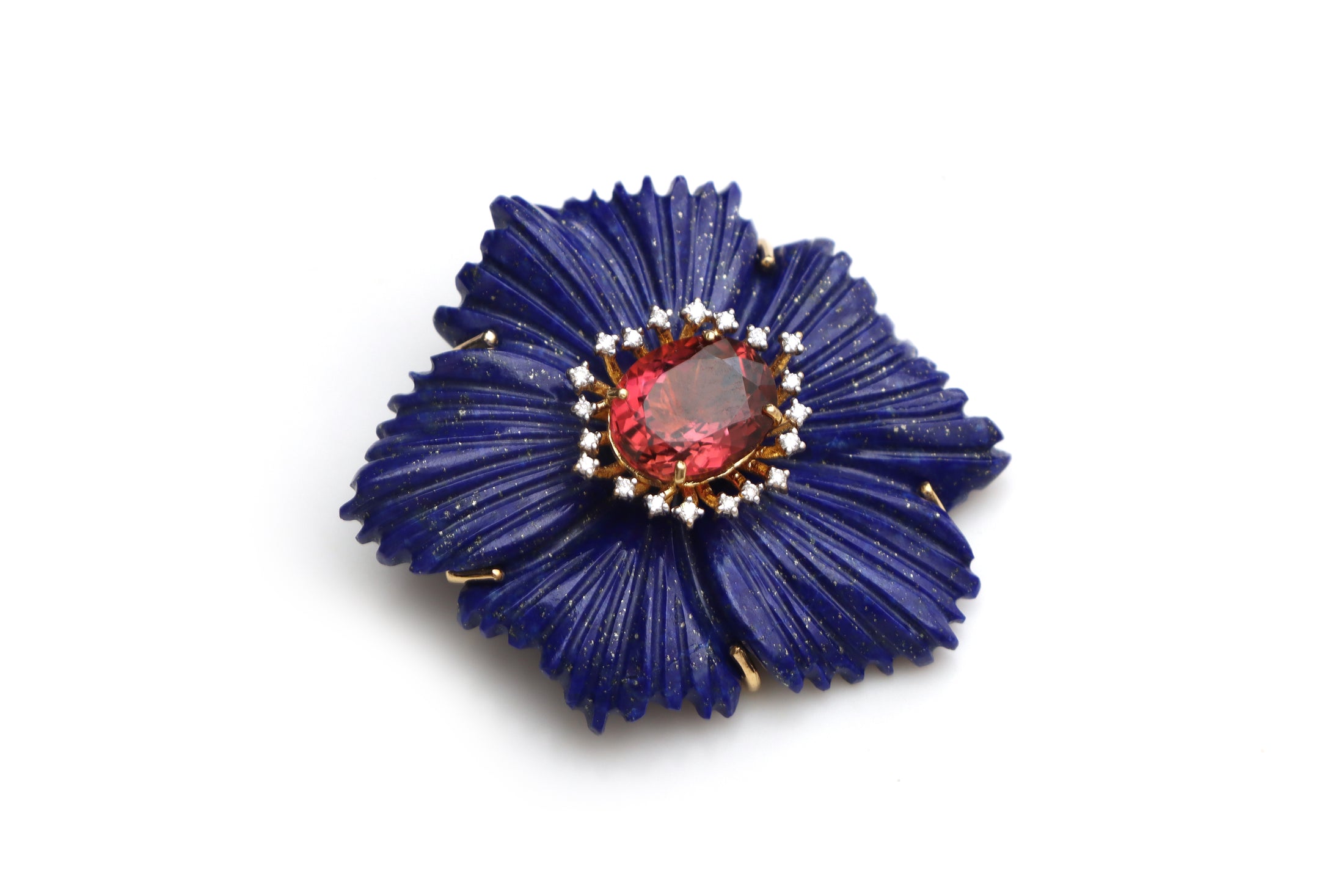 Natural Tourmaline Oval Cut and Lapis  Carving Flower 14K gold pendant front view - NFJSD-1314