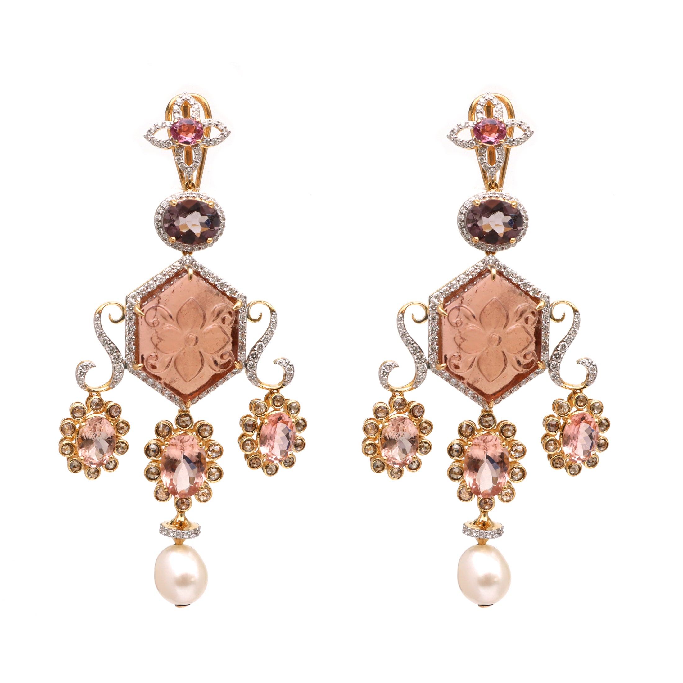Natural Pearl and Rubylite 18K gold earrings front view - NFJSD-1722