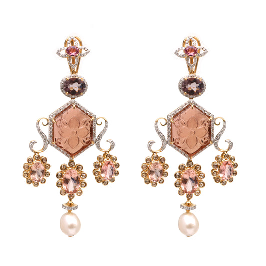 Natural Pearl and Rubylite 18K gold earrings front view - NFJSD-1722