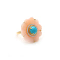 Load image into Gallery viewer, Natural Turquoise Round Cab and Pink Opal Carving Flower 14K gold ring close-up detail - NFJSD-1214

