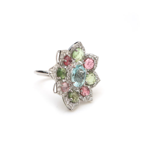 Natural Aquamarine and Tourmaline 18K gold ring front view - NFJSD-1538