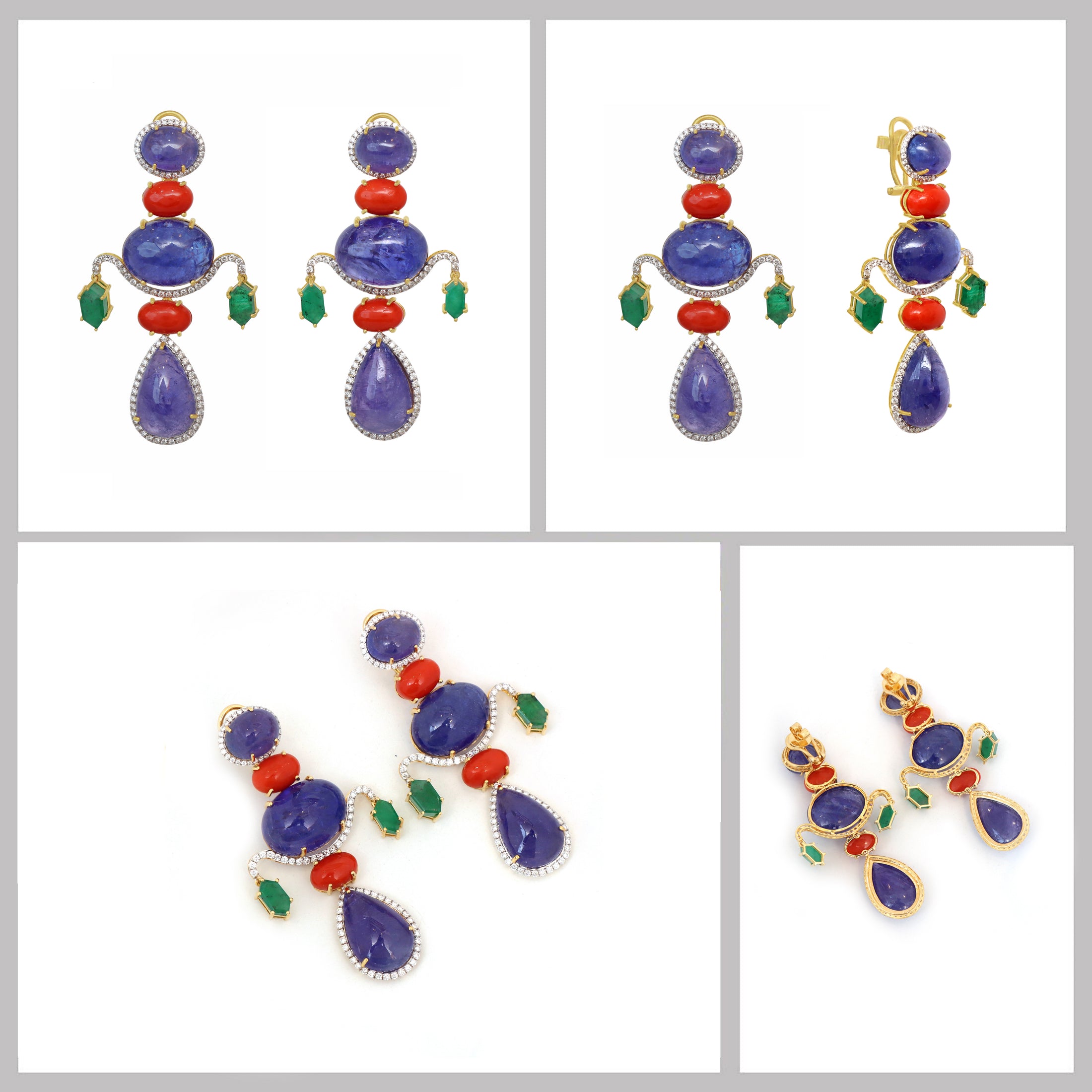 Natural Coral and Emerald 18K gold earrings top view - NFJSD-1814