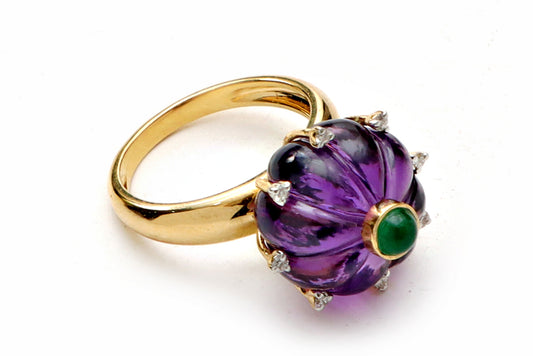 Natural Emerald Round Cabs and Amethyst Carving Balls 14K gold ring front view - NFJSD-1198