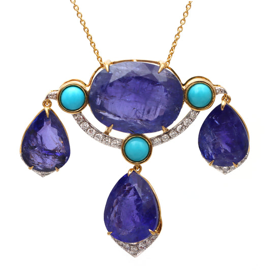 Natural Turquoise and Tanzanite 18K gold necklace front view - NFJSD-1751