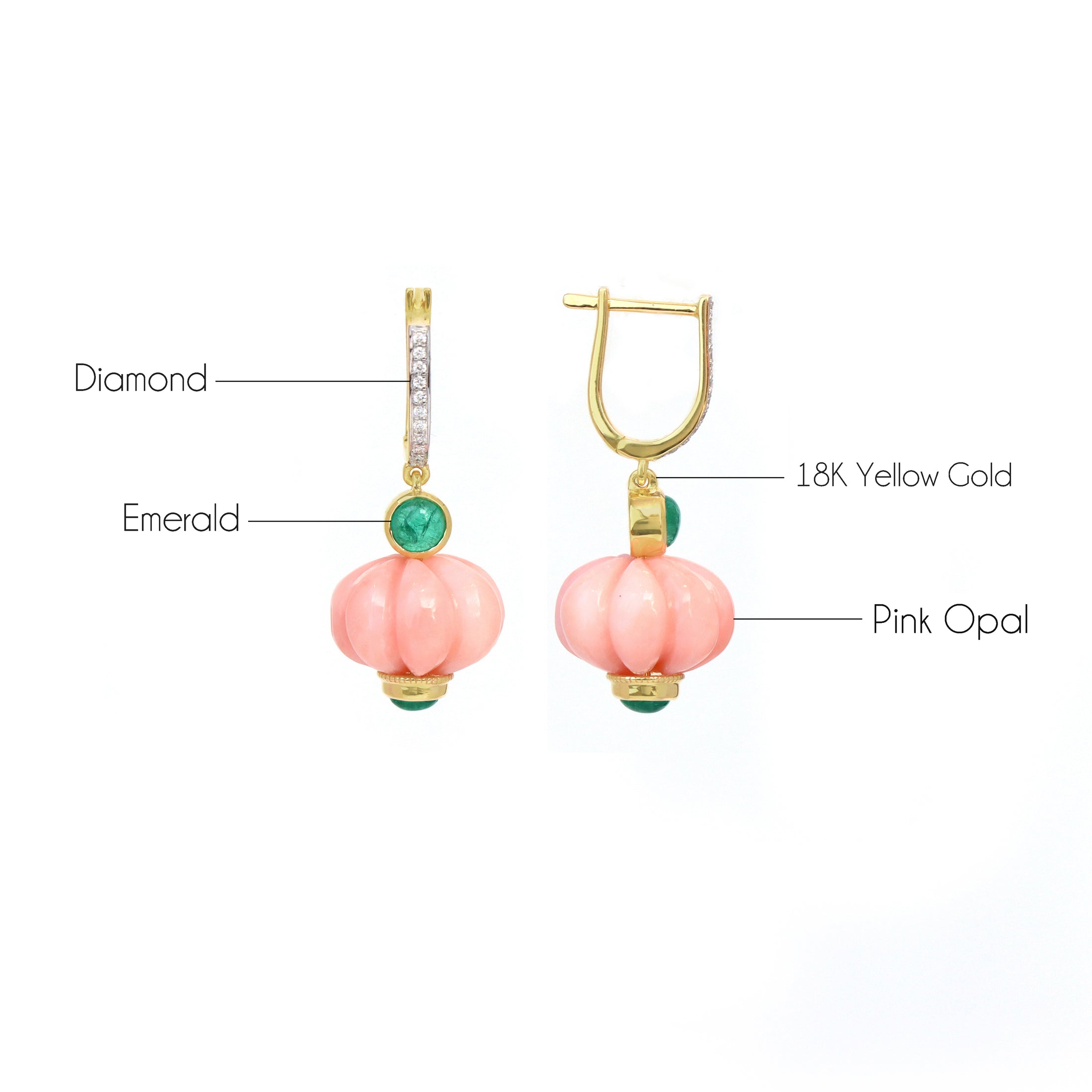 Natural Pink Opal and Emerald 18K gold earrings side angle - NFJSD-1781