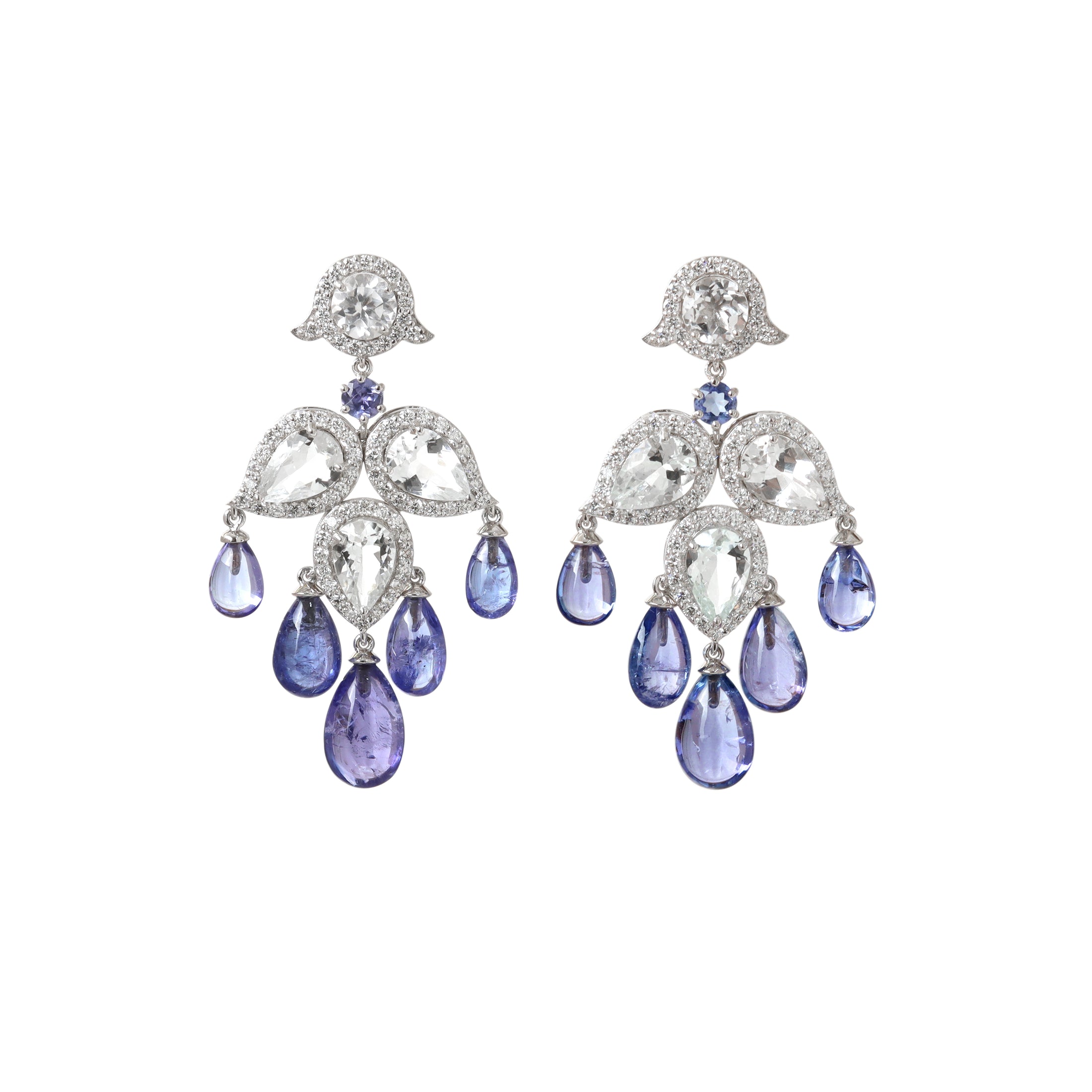 Natural White Aquamarine and Tanzanite 18K gold earrings back view - NFJSD-1970