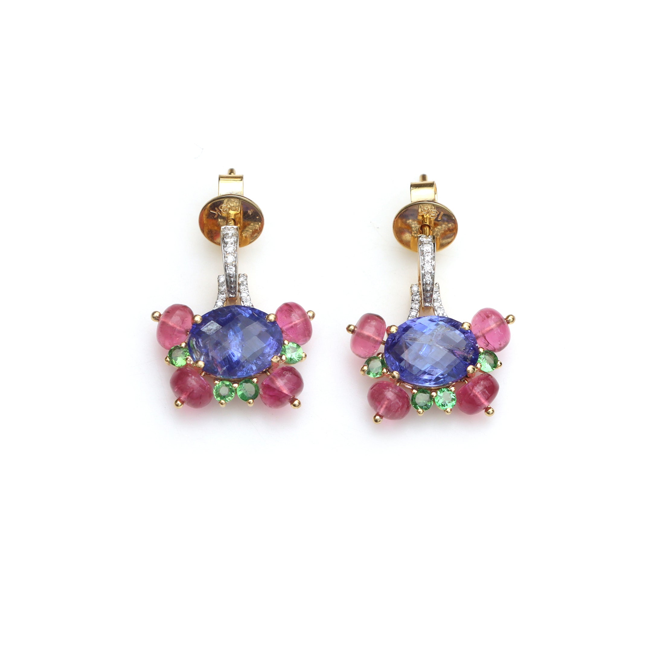 Natural Tourmaline and Tanzanite 18K gold earrings front view - NFJSD-1797
