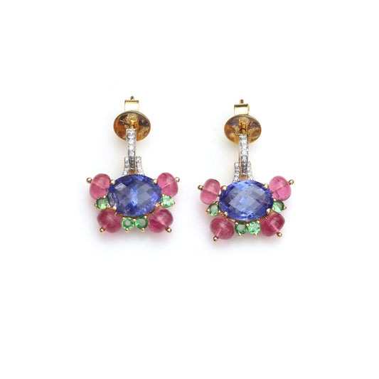 Natural Tourmaline and Tanzanite 18K gold earrings front view - NFJSD-1797