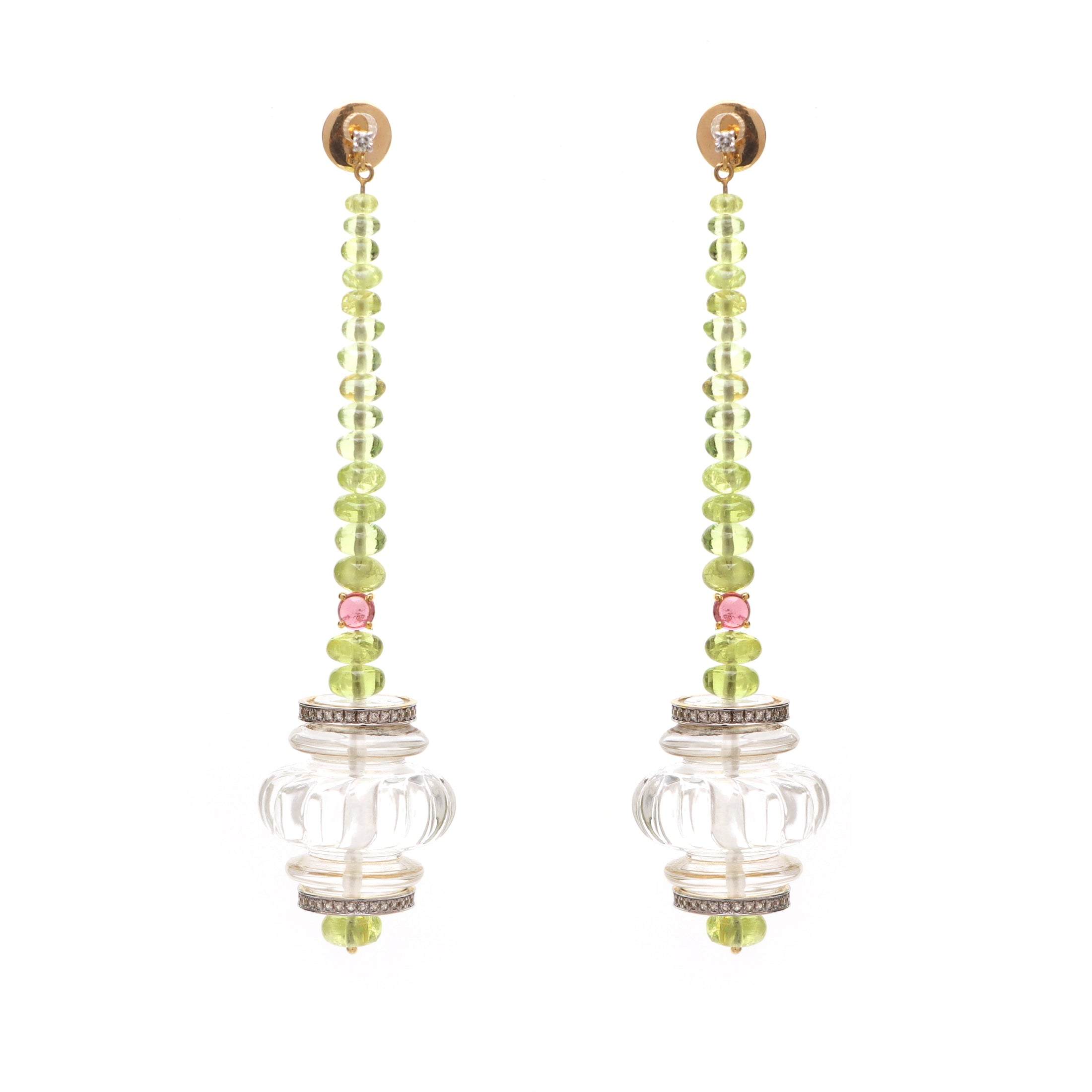 Natural Peridot Round Beads and Crystal Quartz Carving 14K gold earrings front view - NFJSD-1242