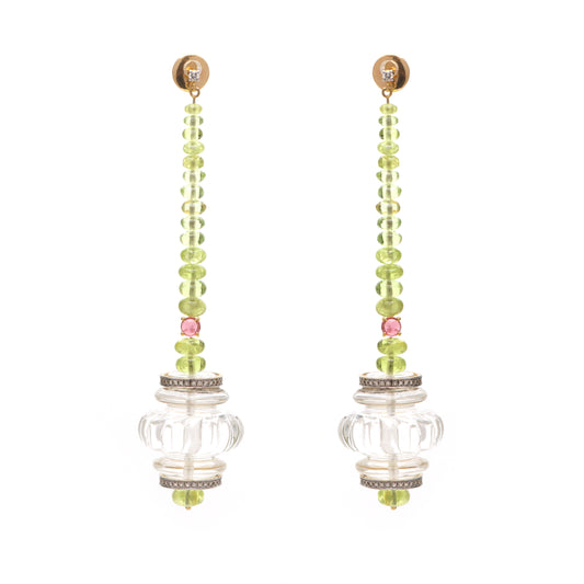 Natural Peridot Round Beads and Crystal Quartz Carving 14K gold earrings front view - NFJSD-1242
