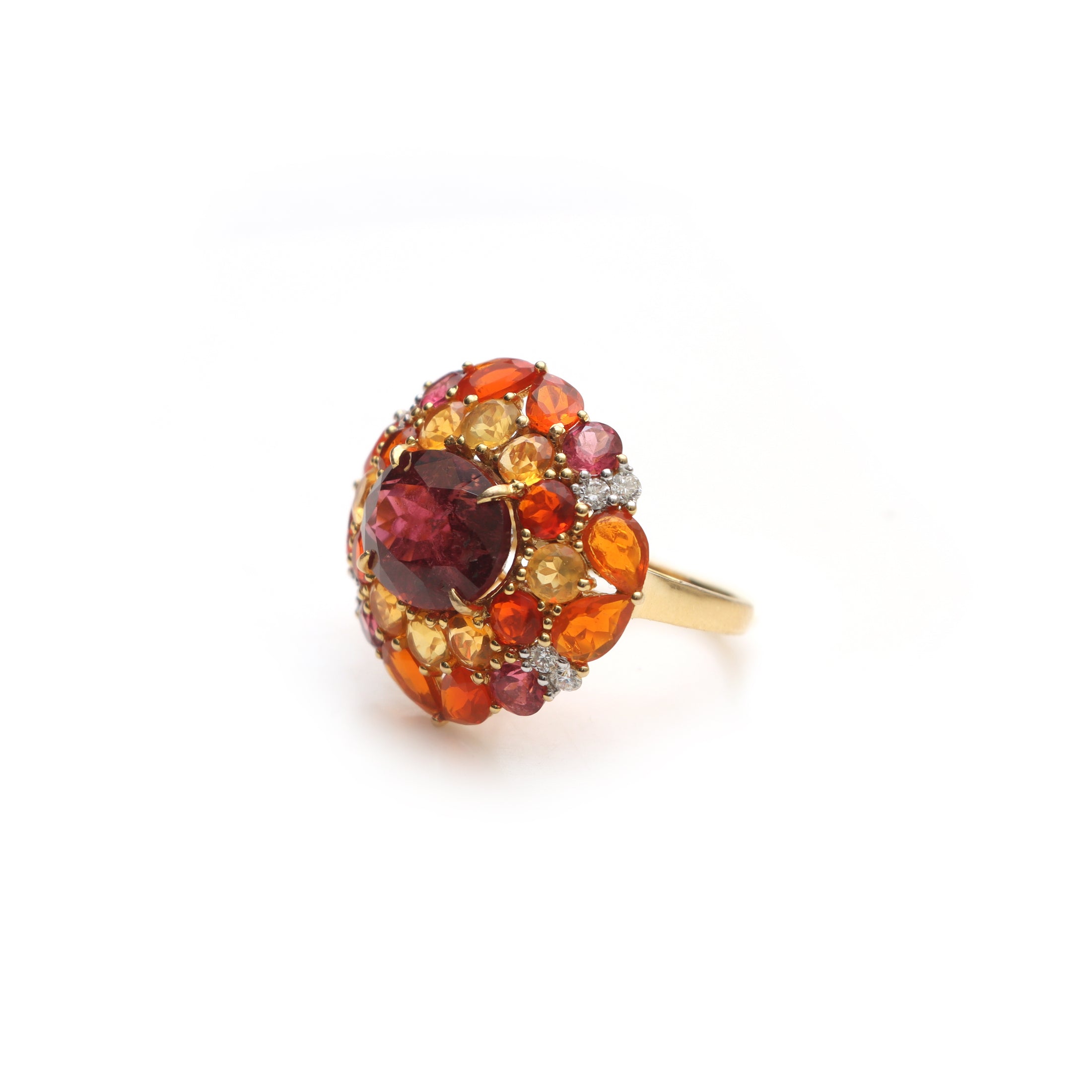 Natural Mexican fire opal and Tourmaline 18K gold ring front view - NFJSD-1841