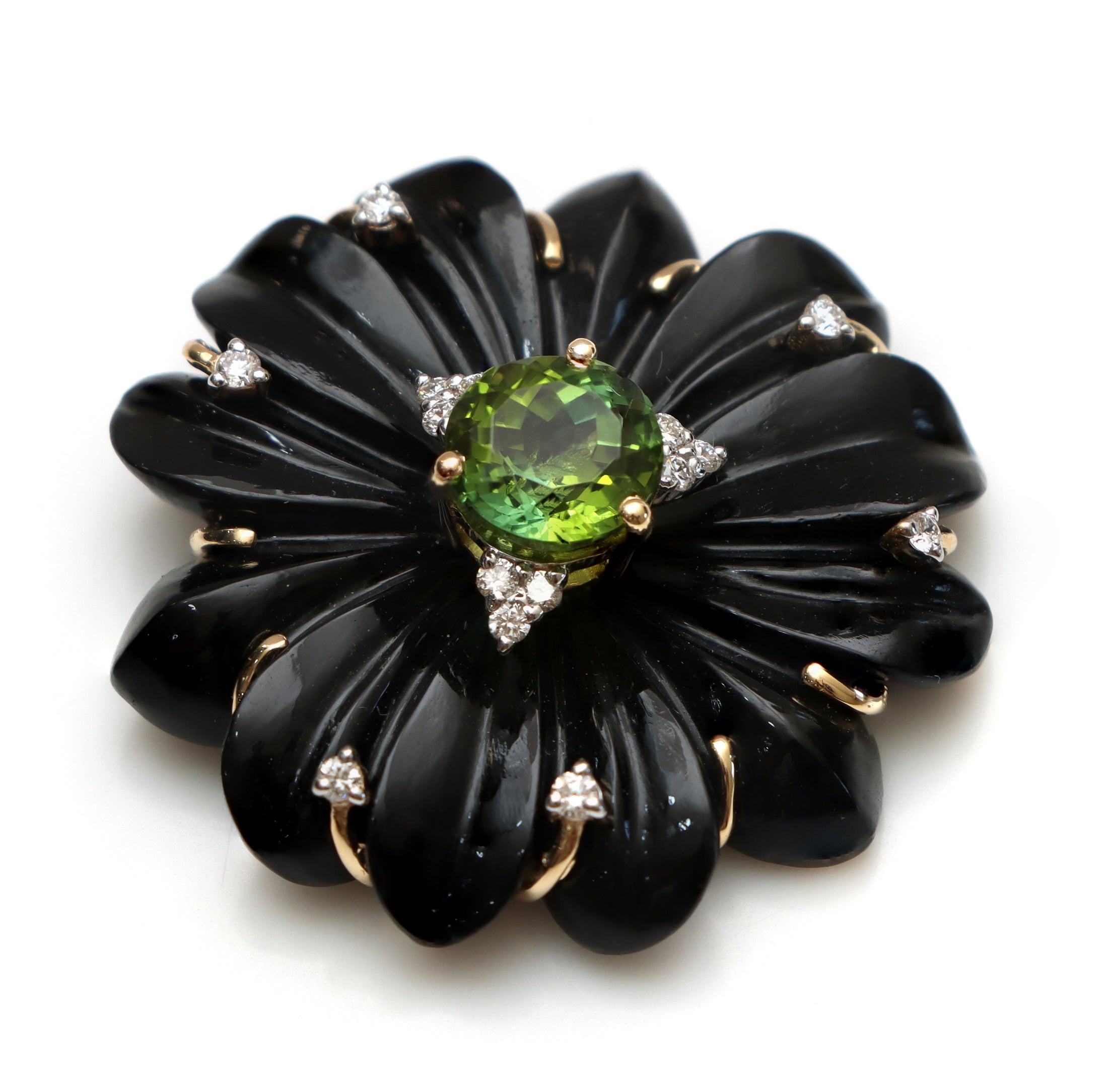Natural Green Tourmaline Round Cut and Black Onyx Carving Flower 14K gold pendant close-up detail - NFJSD-1207