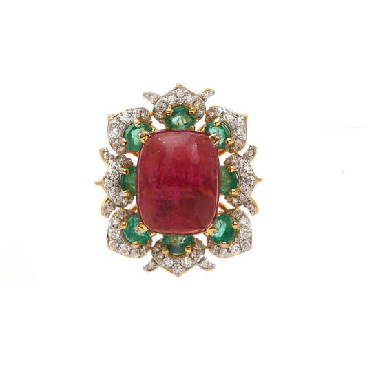 Natural Tourmaline and Emerald 18K gold pendant front view - NFJSD-1593