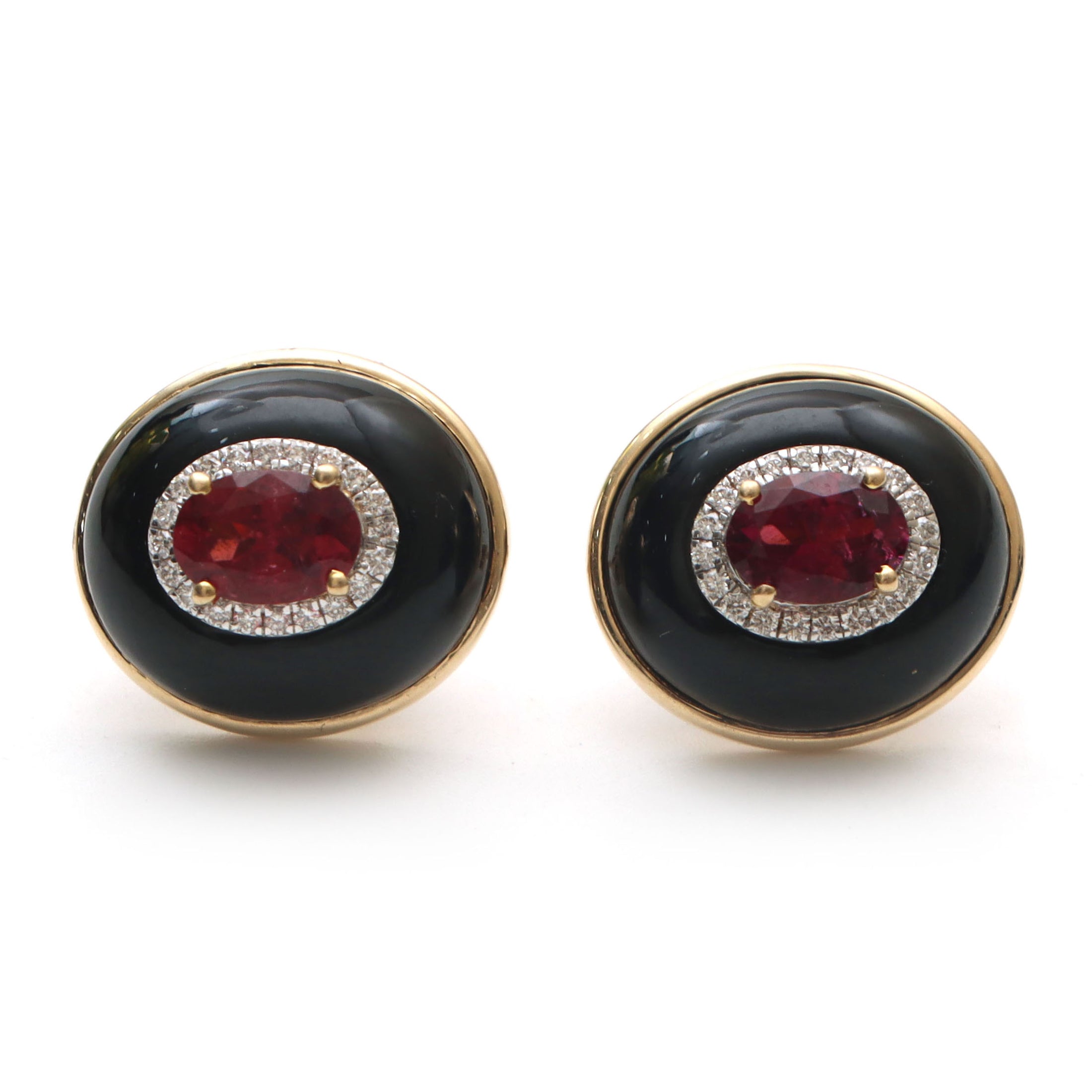 Natural Black Onyx Oval Frame and Tourmaline Oval Cut 14K gold earrings close-up detail - NFJSD-1016