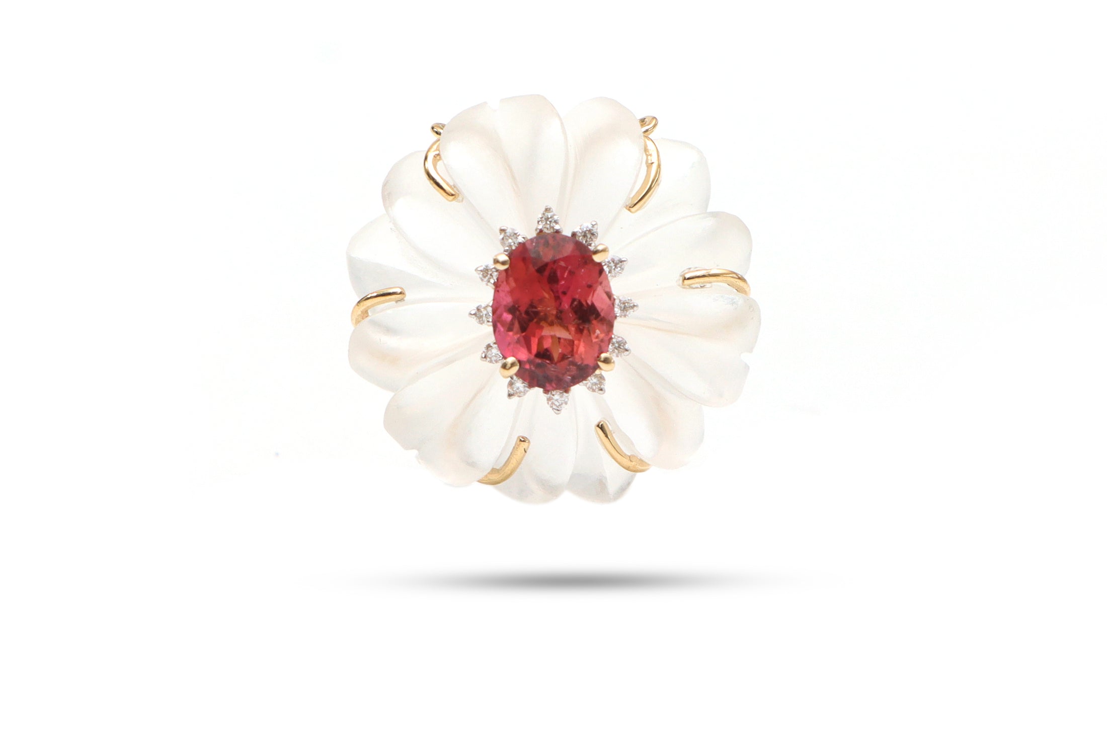 Natural Pink Tourmaline Oval Cut and Crystal Quartz Flower 14K gold pendant front view - NFJSD-1055