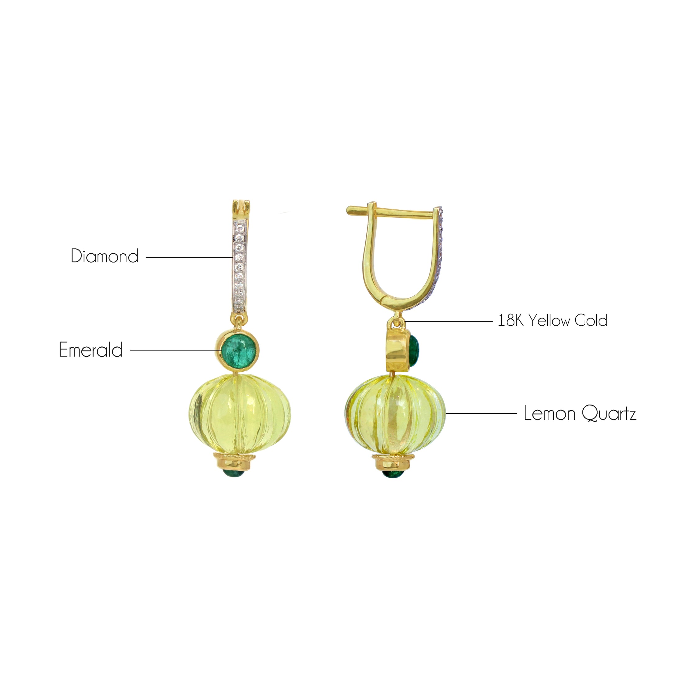 Natural Lemon Quartz and Emerald 18K gold earrings top view - NFJSD-1789