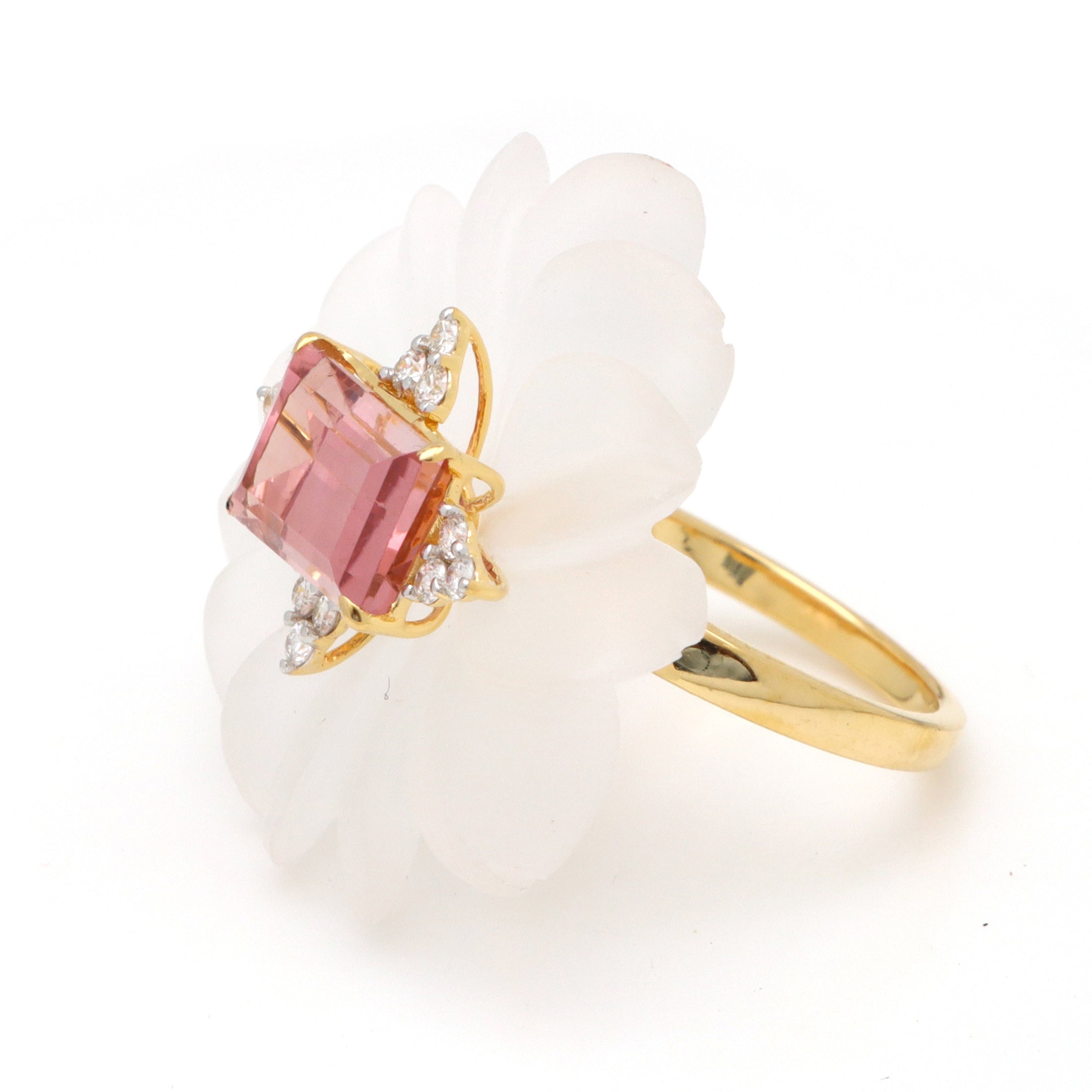 Natural Crystal Carving and Tourmaline 14K gold ring back view - NFJSD-1647