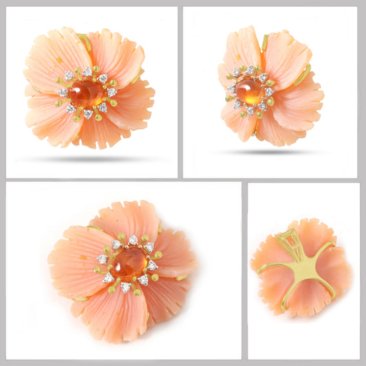 Natural Peach Opal and Spessartite 18K gold pendant side angle - NFJSD-1862