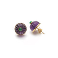 Load image into Gallery viewer, Natural Amethyst Carving Balls and Emerald Round Cabs 14K gold earrings top view - NFJSD-1031
