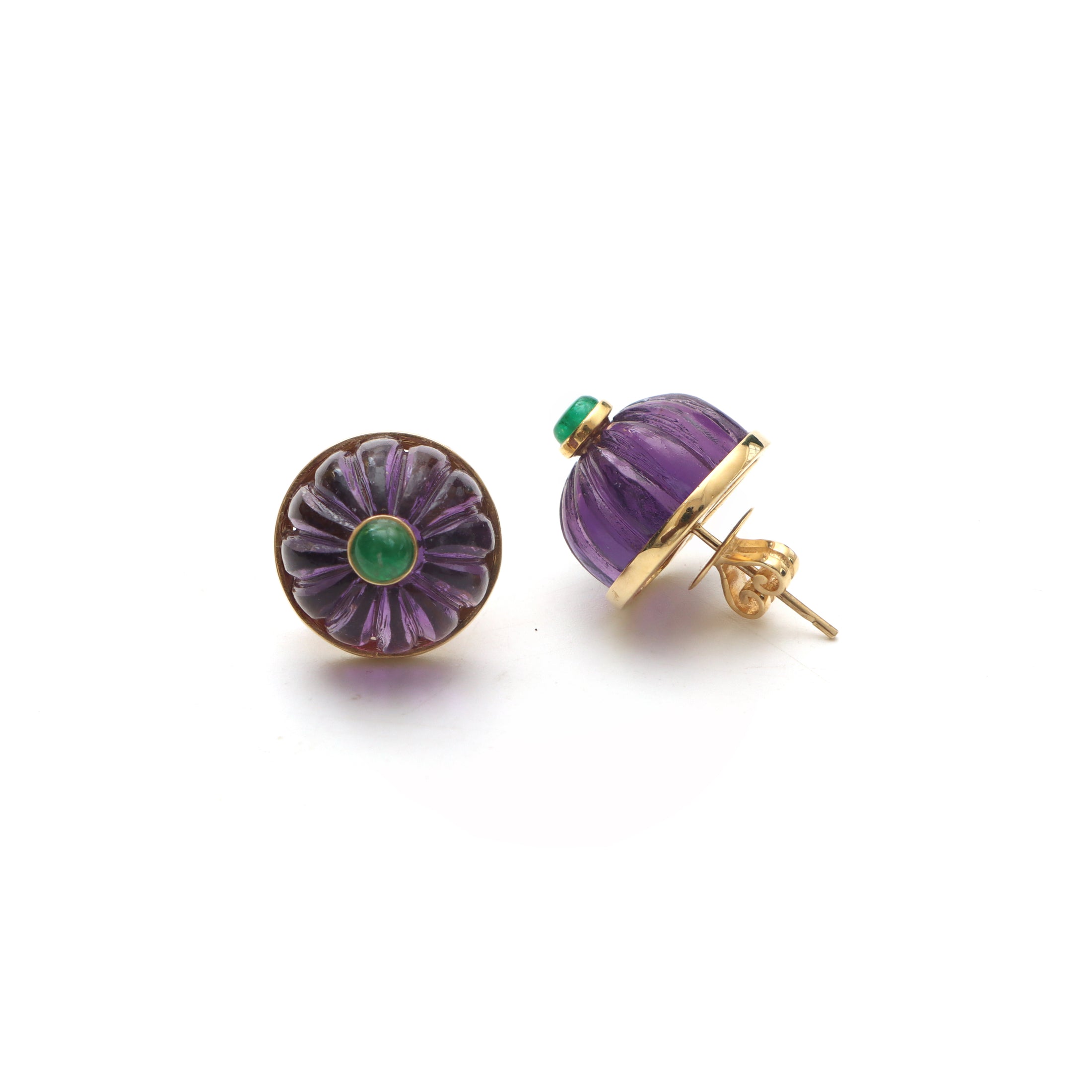 Natural Amethyst Carving Balls and Emerald Round Cabs 14K gold earrings top view - NFJSD-1031
