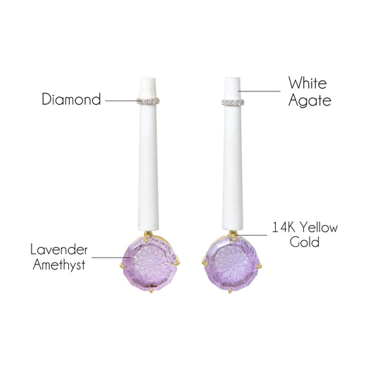 Natural White Agate and Lavender 14K gold earrings side angle - NFJSD-1374