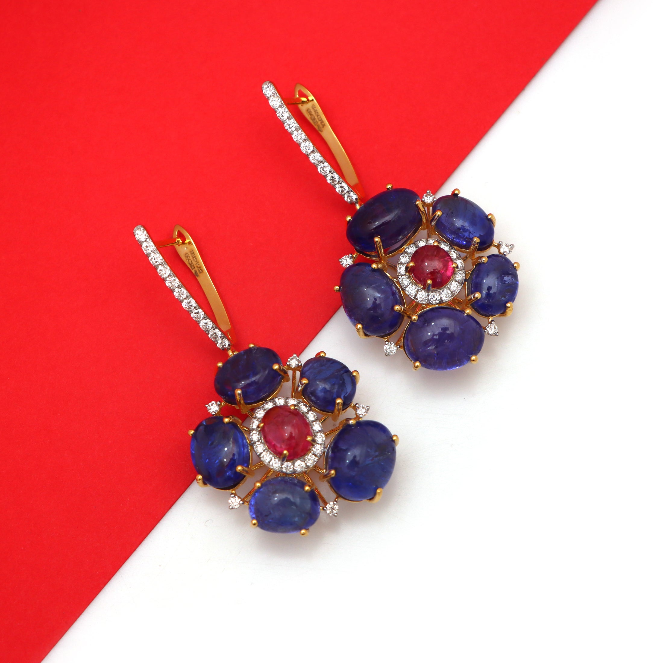 Natural Tourmaline and Tanzanite 18K gold earrings close-up detail - NFJSD-1582