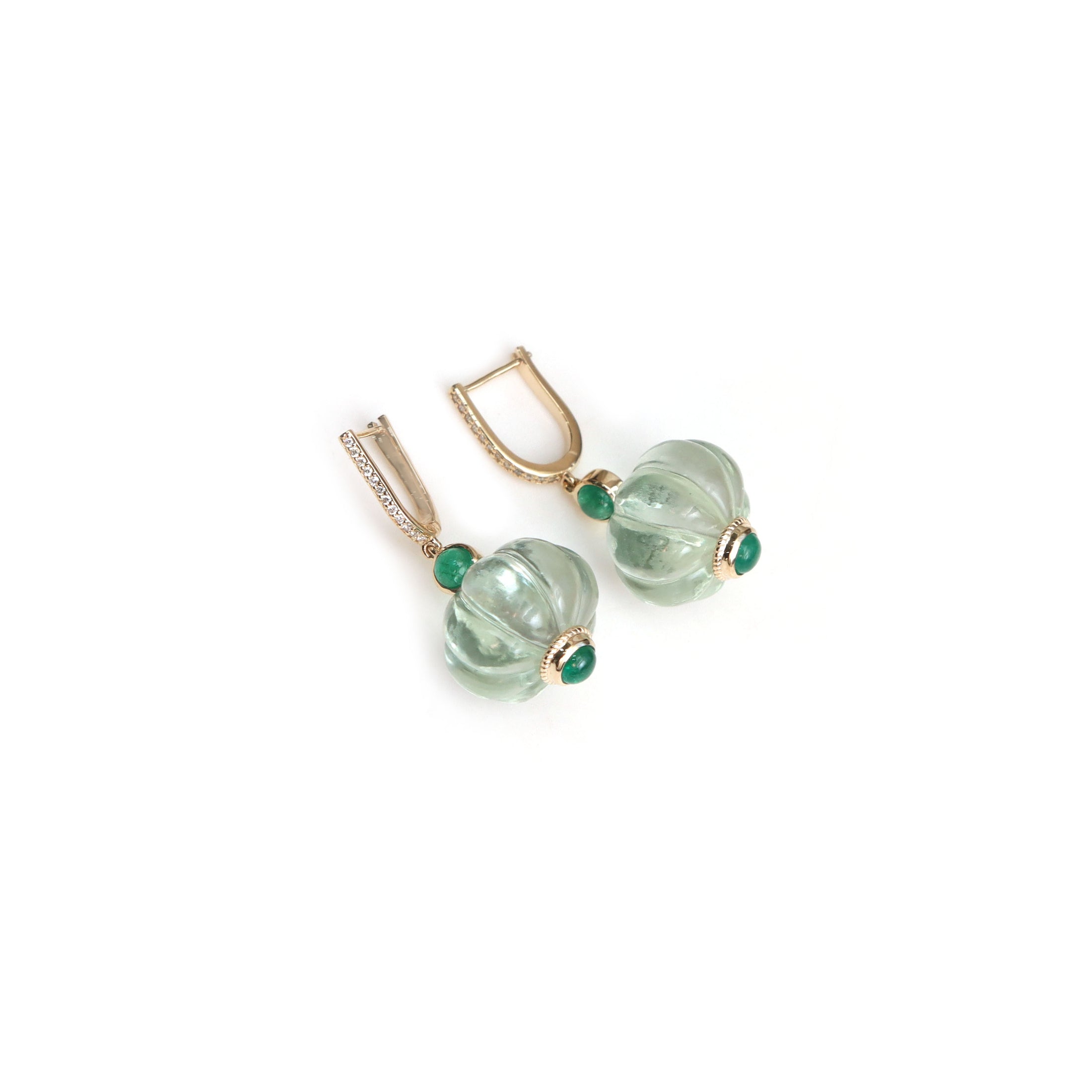 Natural Green Amethyst and Emerald 14K gold earrings front view - NFJSD-2038