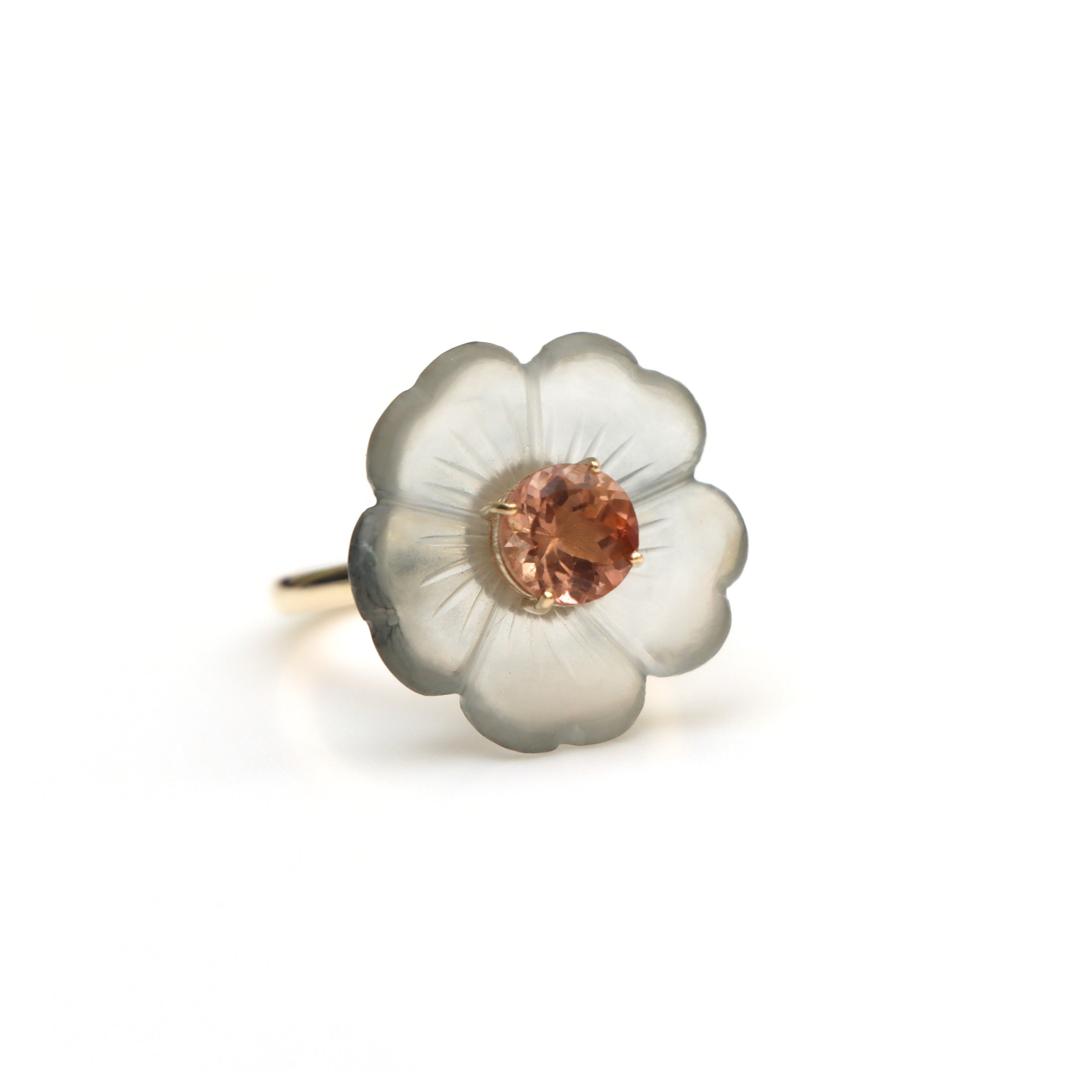 Natural Crystal Carving and Pink Tourmaline 14K gold ring front view - NFJSD-1555