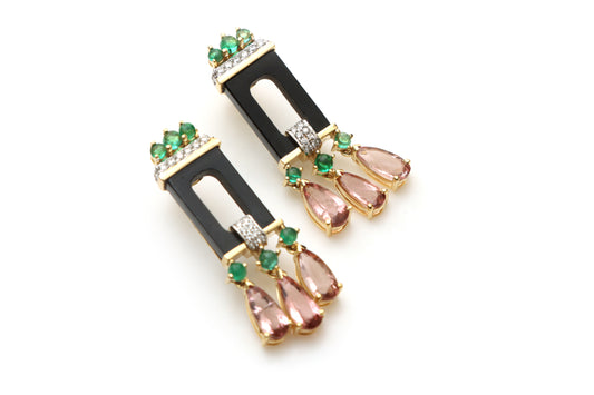 Natural Emerald Round Cabs and Tourmaline Pear Cut 14K gold earrings front view - NFJSD-1192