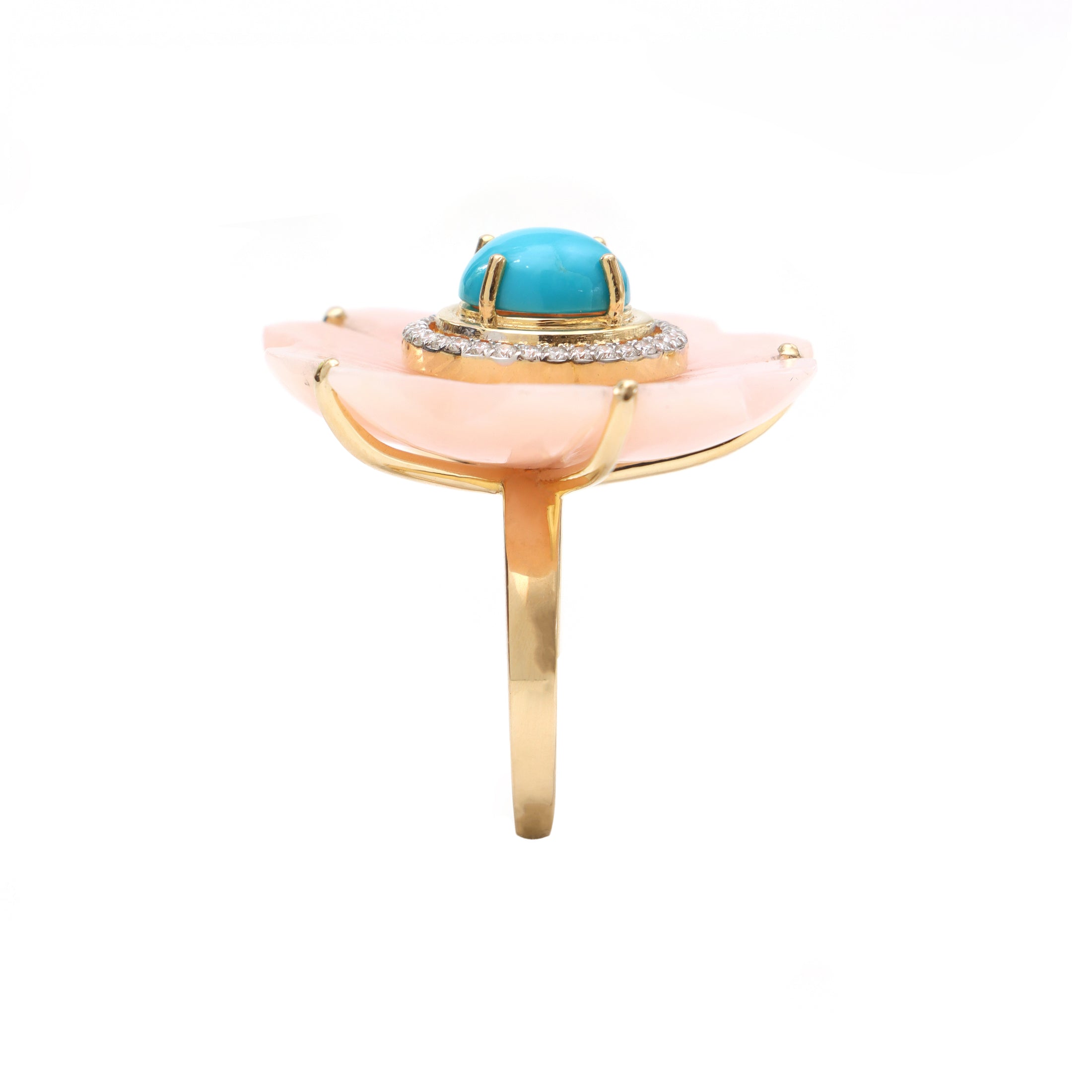 Natural Turquoise Round Cab and Pink Opal Carving Flower 14K gold ring side angle - NFJSD-1214