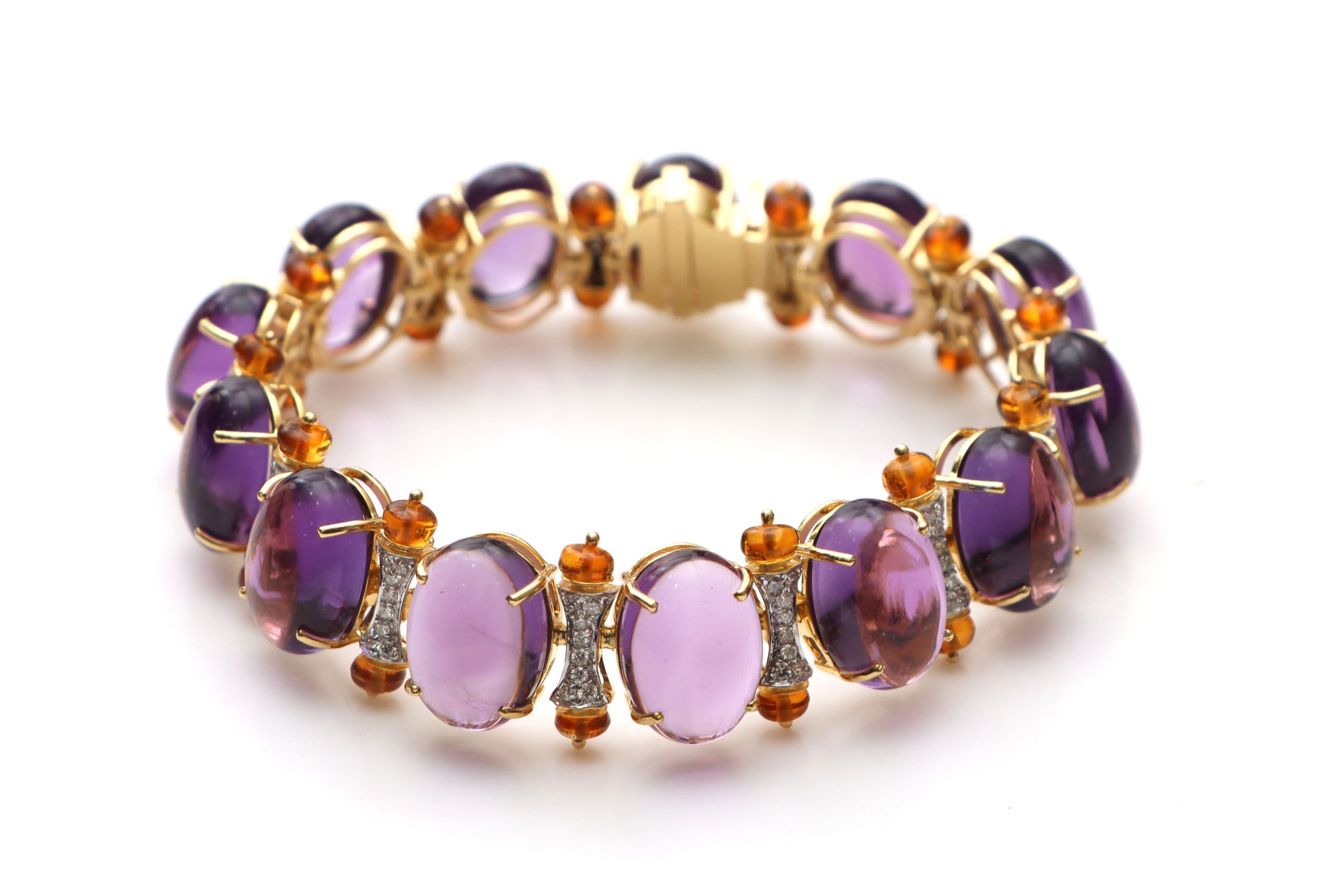 Natural Amethyst Oval Cabs and Citrine Smooth Beads 14K gold bracelet front view - NFJSD-1148