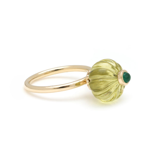 Natural Lemon Quartz Carving and Emerald 14K gold ring side angle - NFJSD-1755