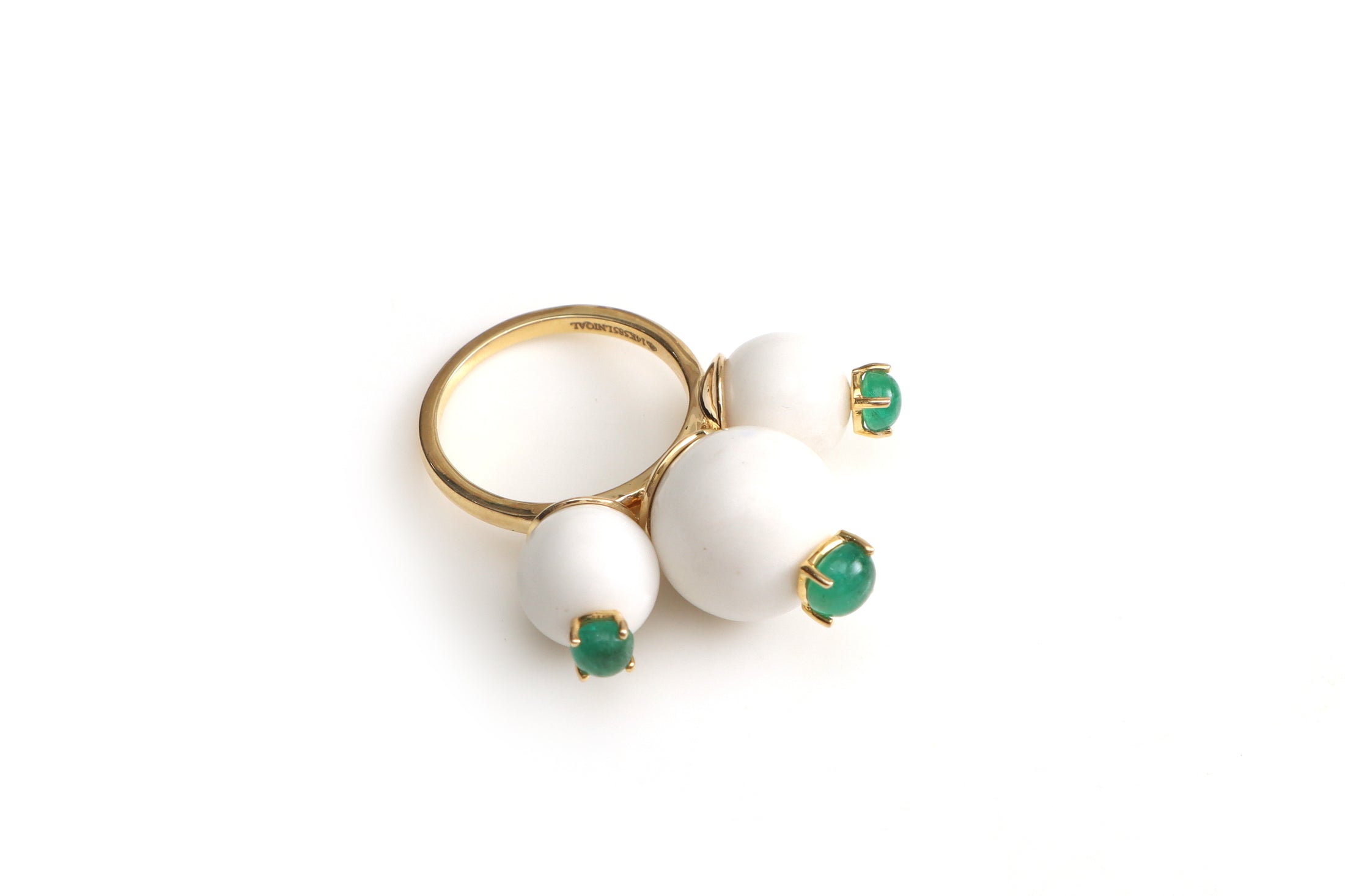 Natural Emerald Round cabs and White Agate Smooth Balls 14K gold ring front view - NFJSD-1355