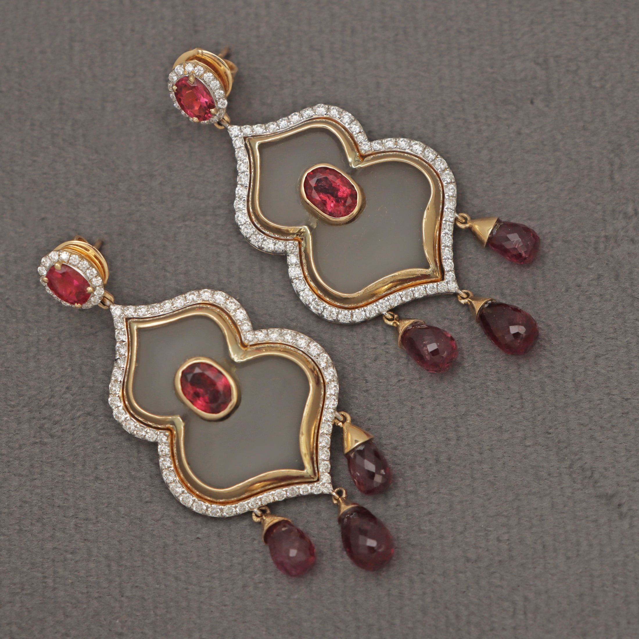 Natural Tourmaline Oval & Drops Cut and Crystal Carving 14K gold earrings back view - NFJSD-1057