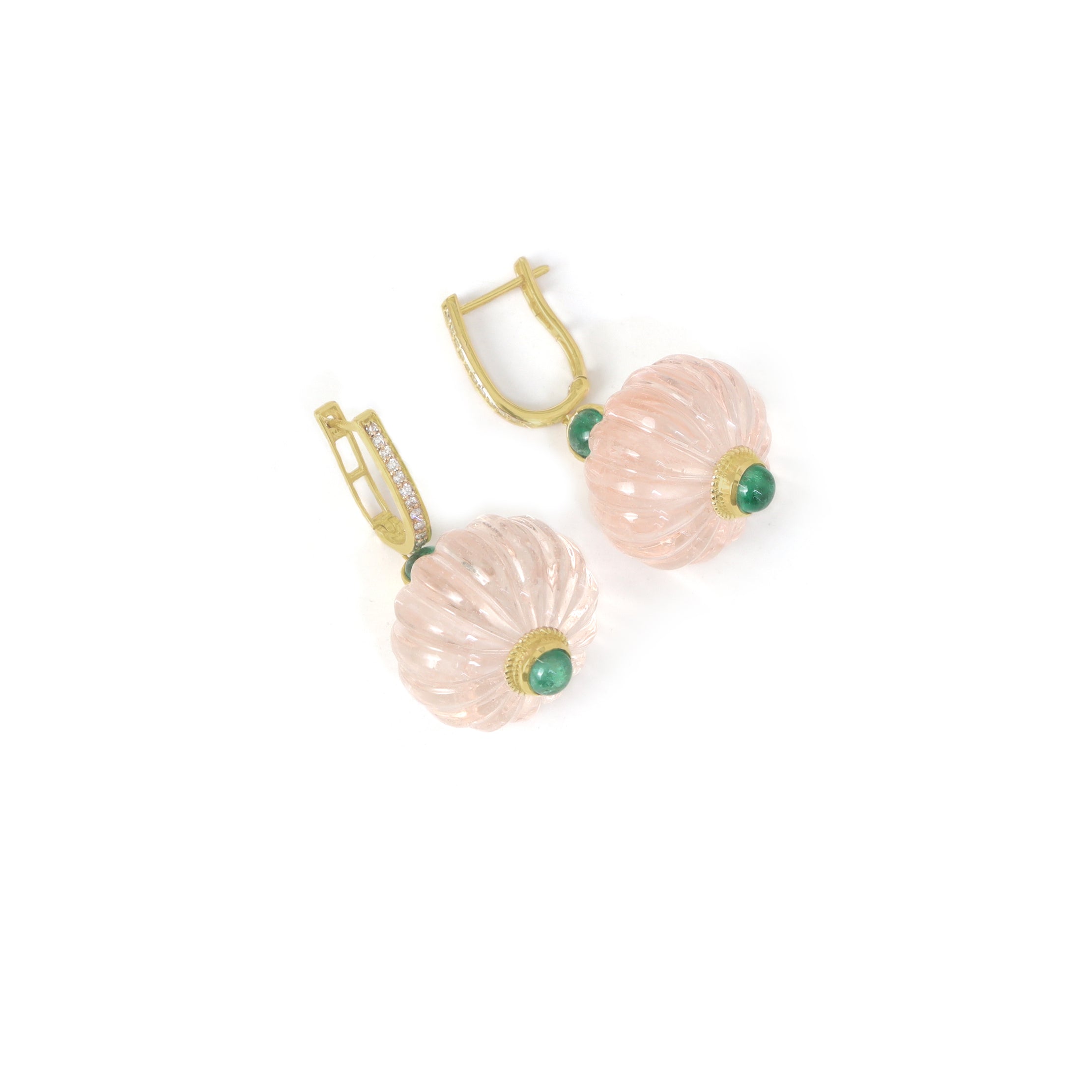 Natural Morganite and Emerald 14K gold earrings top view - NFJSD-1930