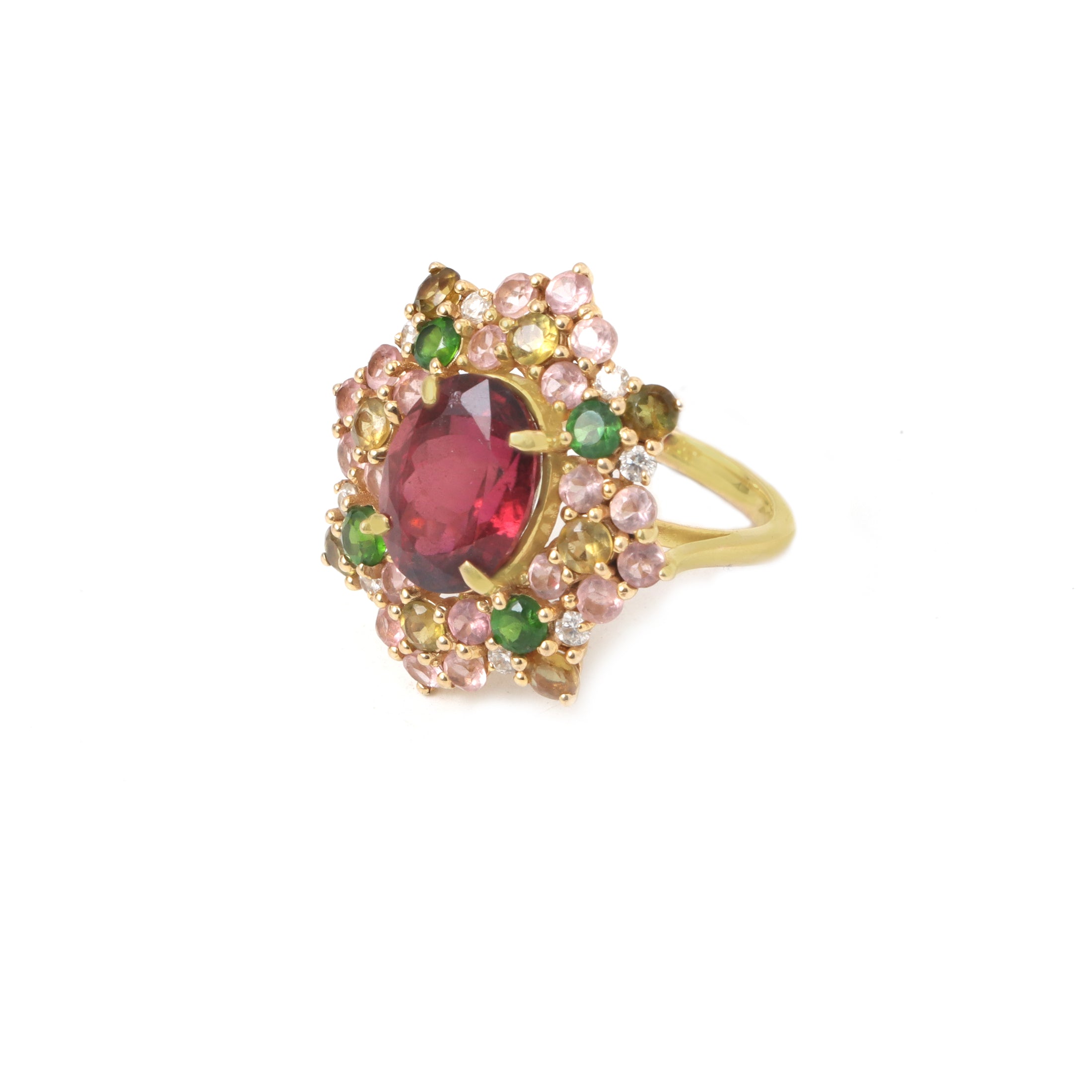 Natural Tourmaline mix Cut and Citrin Cut 14K gold ring top view - NFJSD-1274
