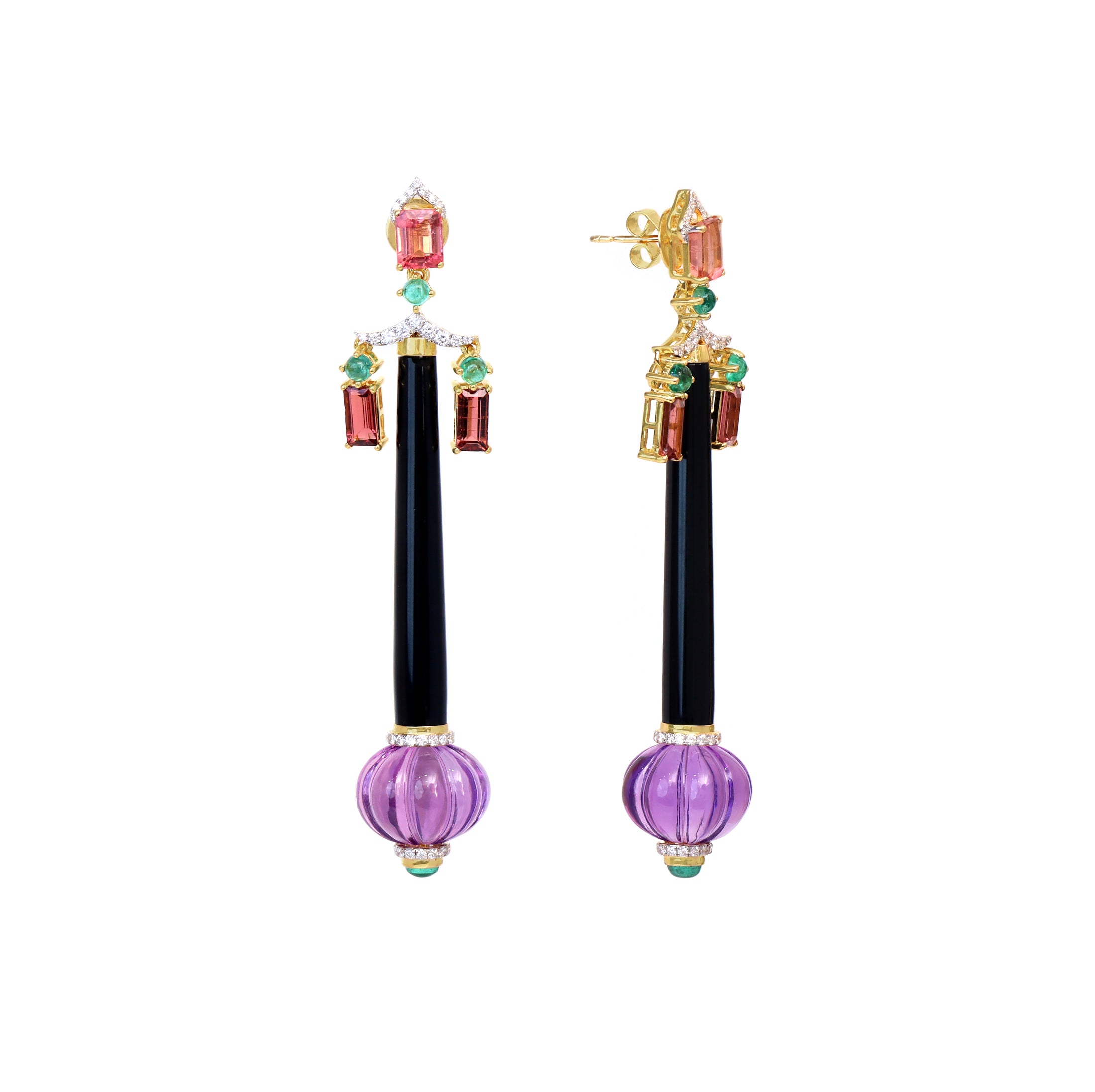 Natural Black Onyx and Emerald 18K gold earrings top view - NFJSD-1773