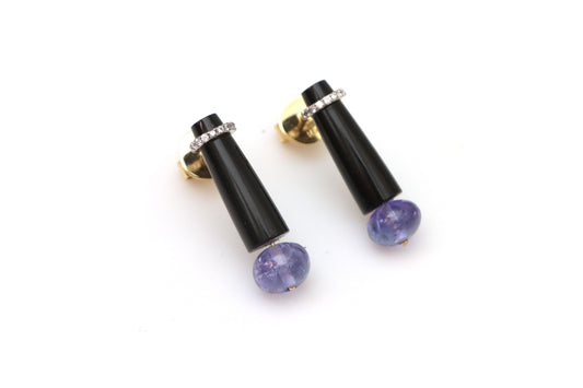 Natural Black Onyx Tube and Tanzanite Smooth Beads 14K gold earrings front view - NFJSD-1390