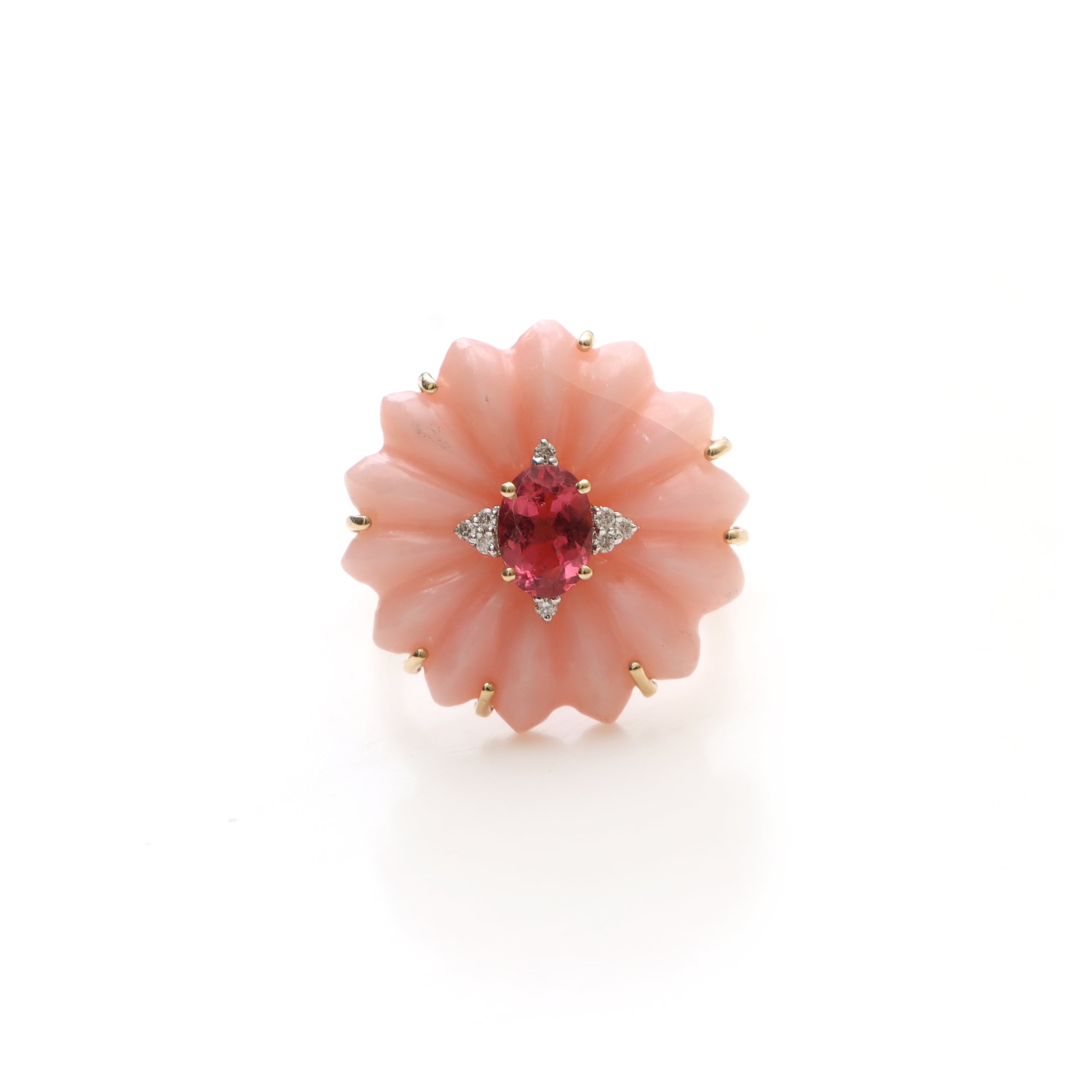 Natural Tourmaline Oval Cut and Pink Opal Carving Flower 14K gold ring top view - NFJSD-1301
