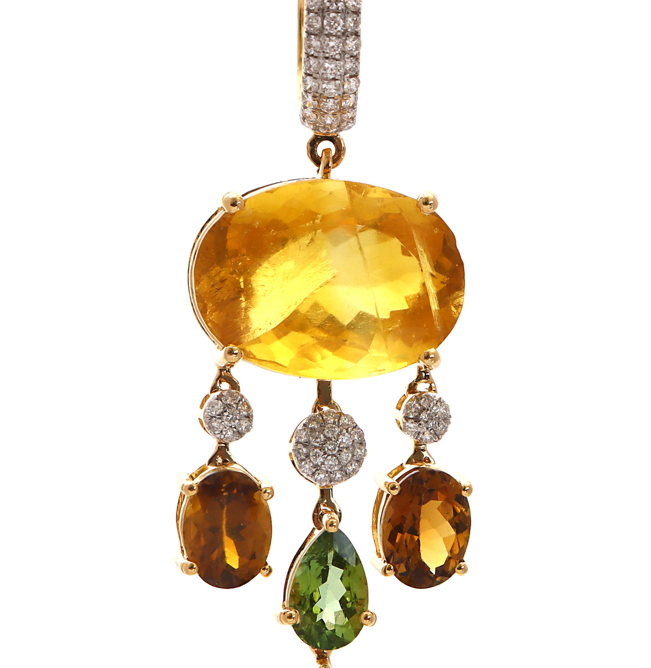 Natural Tourmaline and Yellow Fluorite 18K gold earrings close-up detail - NFJSD-1581