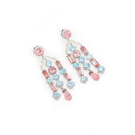 Natural Aqua and Tourmaline 18K gold earrings on-hand view - NFJSD-1772