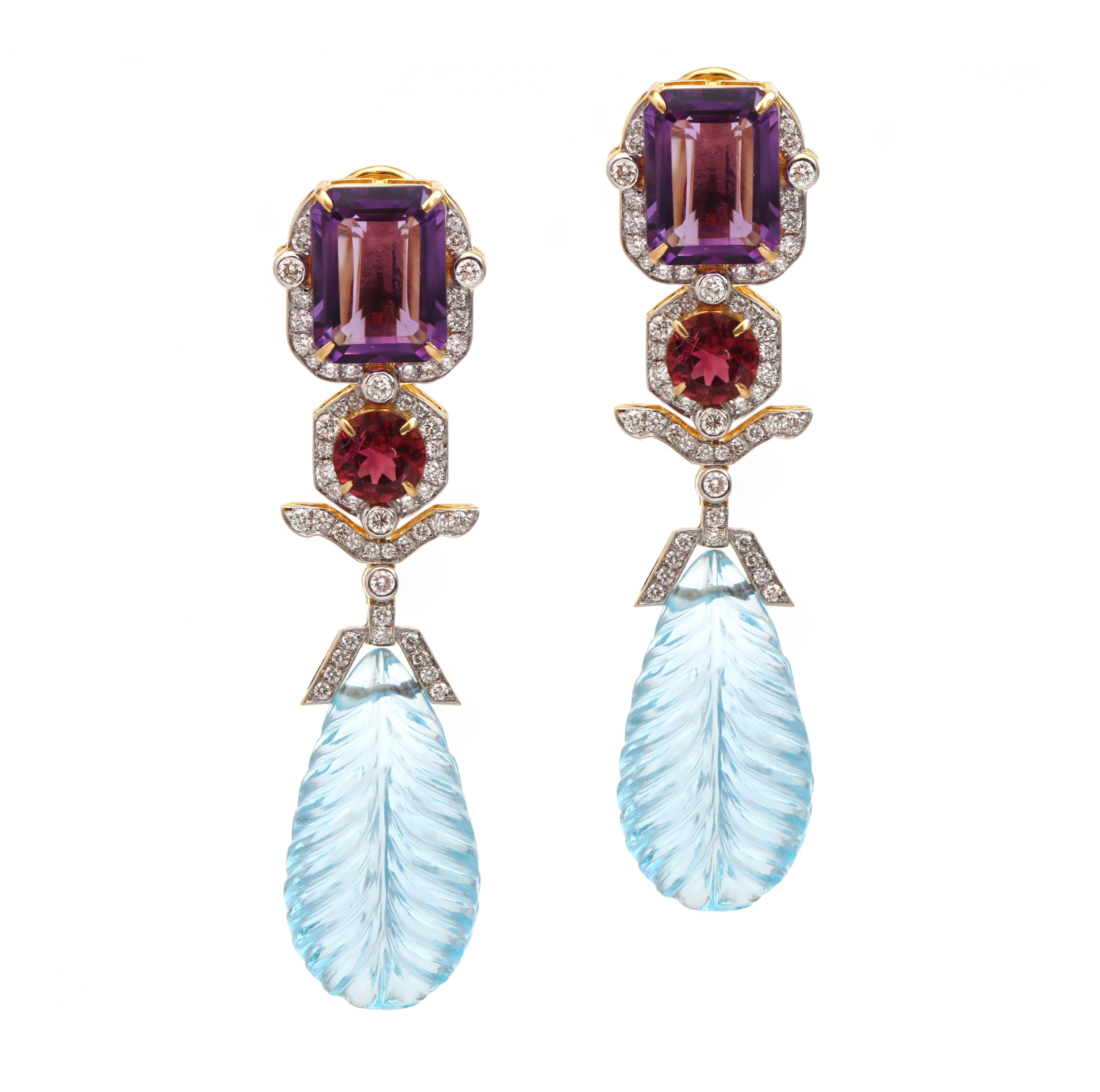 Natural Amethyst and Aquamarine 18K gold earrings back view - NFJSD-1594