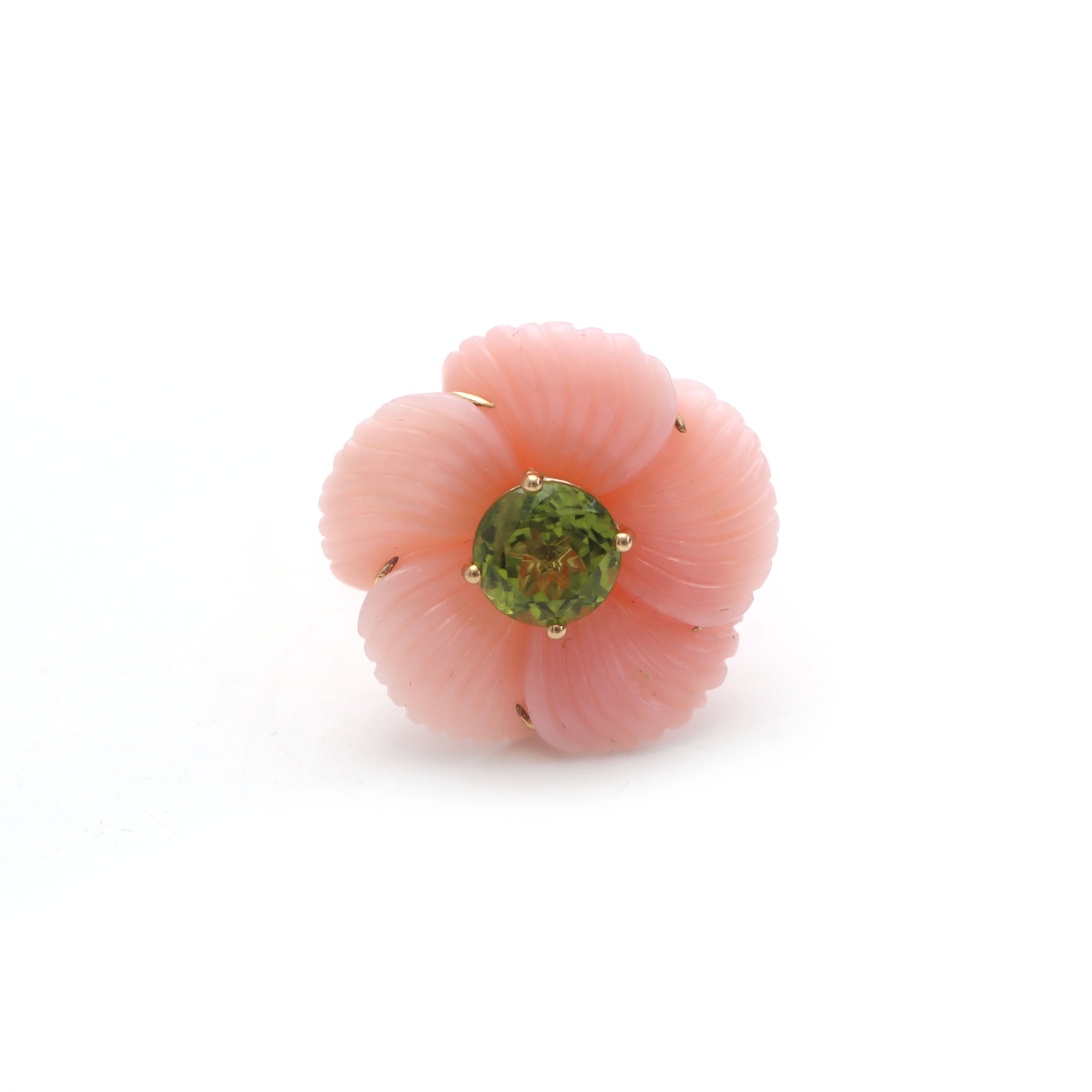 Natural Peridot Round Cut and Pink Opal Flower 14K gold ring back view - NFJSD-1030