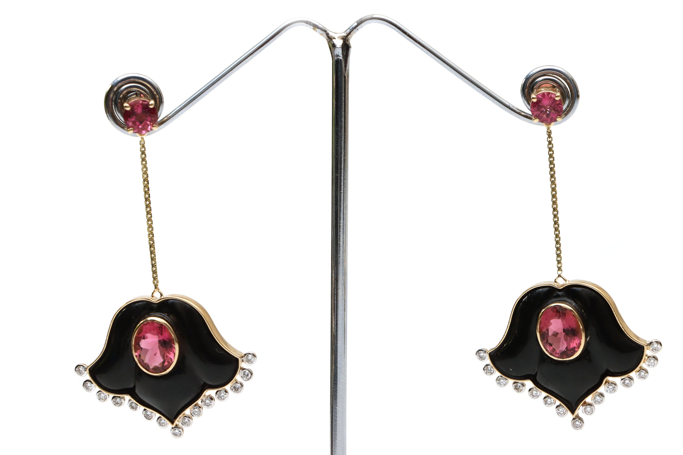 Natural Tourmaline Round & Oval Cut and Black Onyx Lotus Carving 14K gold earrings front view - NFJSD-1047