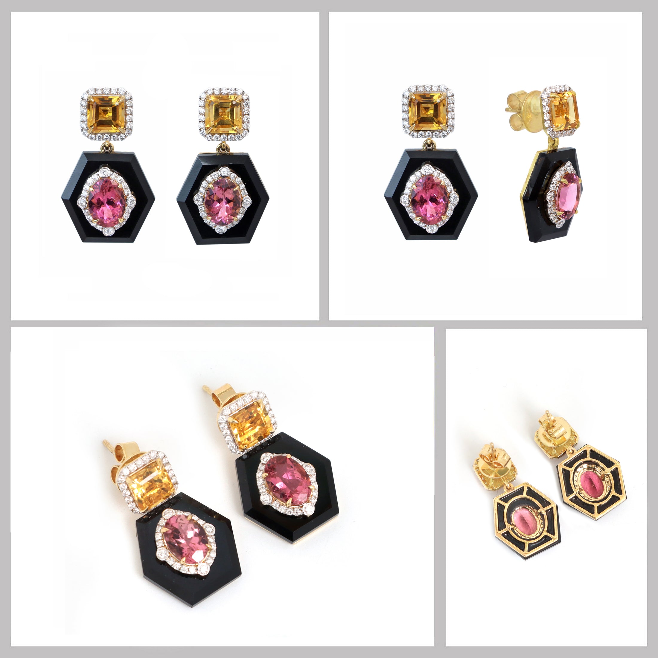 Natural Black Onyx and Citrine 18K gold earrings back view - NFJSD-1796