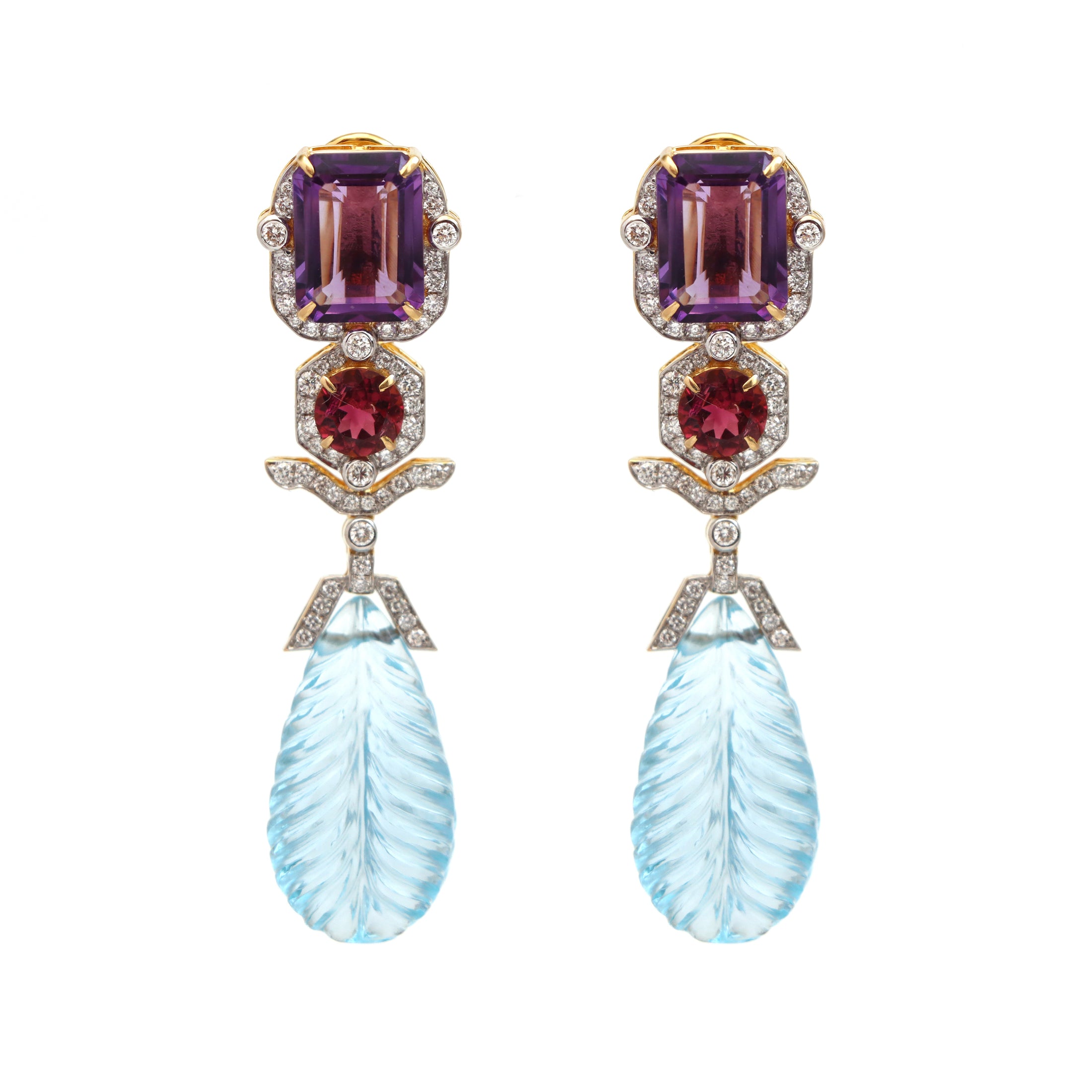 Natural Amethyst and Aquamarine 18K gold earrings front view - NFJSD-1594