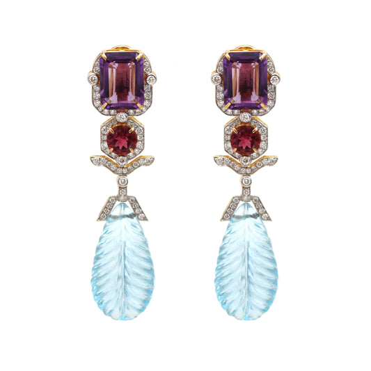 Natural Amethyst and Aquamarine 18K gold earrings front view - NFJSD-1594