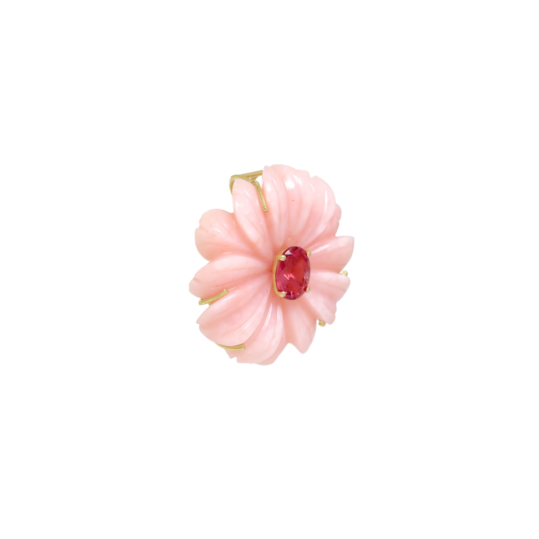 Natural Pink Opal and Tourmaline 14K gold pendant on-hand view - NFJSD-1541