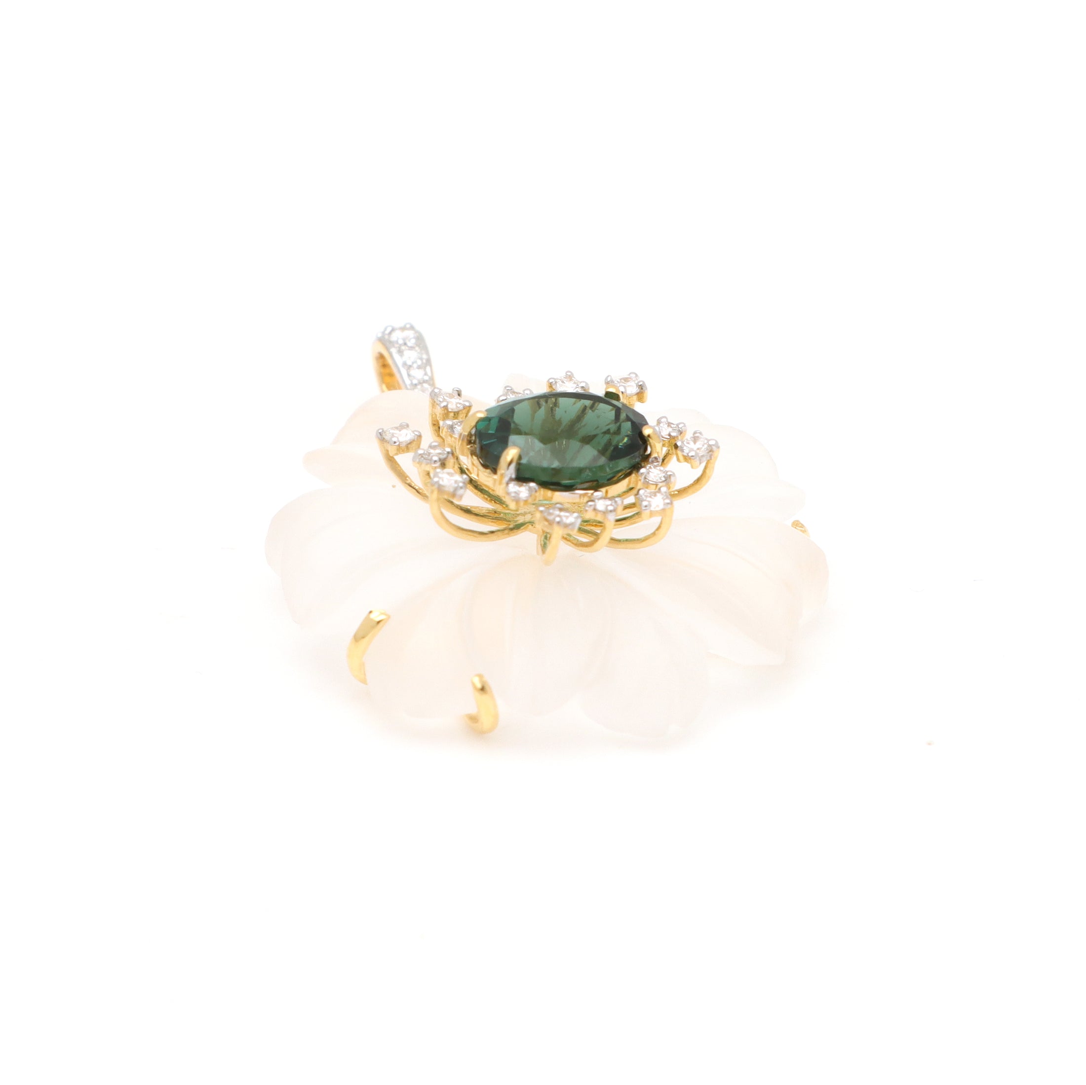 Natural Crystal Carving and Tourmaline 18K gold pendant close-up detail - NFJSD-1718