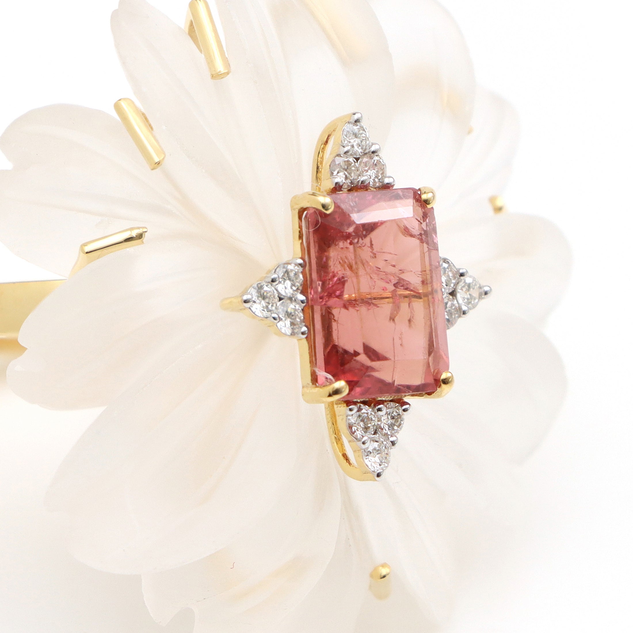 Natural Tourmaline Rectangle Cut and Crystal Quartz Carving  Flower 14K gold ring top view - NFJSD-1246